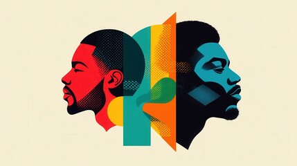 Illustration Colorful abstract portrait art of two african male faces in profile. Black History Month