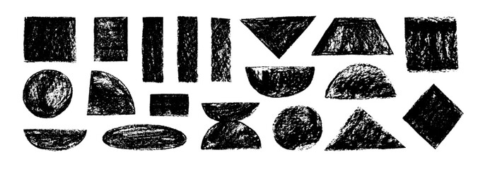 Aufkleber - Set of crayon drawn geometric basic shapes and quirky figures. Hand drawn pencil or chalk texture, geometric figures like triangle, square, rectangle, circle and oval. Sketchy kids style.