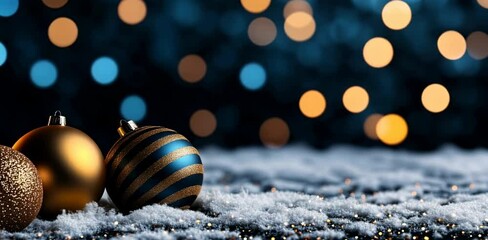 Wall Mural - Christmas ornaments on snow with bokeh lights. Holiday decorations retailers, seasonal marketing campaigns