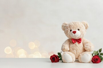 A cute teddy bear with a red bowtie sits beside two red roses against a soft, blurred background.