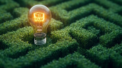 Aufkleber - A glowing light bulb sits at the center of a green maze, symbolizing ideas and solutions amidst complexity.
