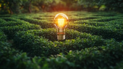 Aufkleber - A glowing lightbulb sits at the center of a lush green maze, symbolizing ideas and enlightenment within nature's complexity.