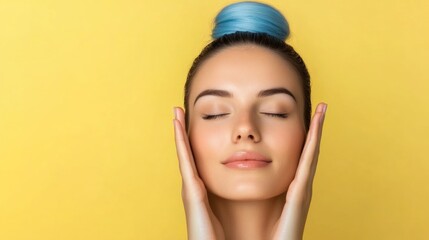 Wall Mural - Relaxed young caucasian female with blue hair against yellow background