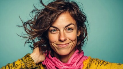 Wall Mural - Smiling caucasian young female with wavy hair and colorful outfit against blue background