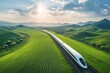© Images from Dreams - Modern high-speed train is running through beautiful green fields and hills at sunset, symbolizing sustainable and efficient transportation in china