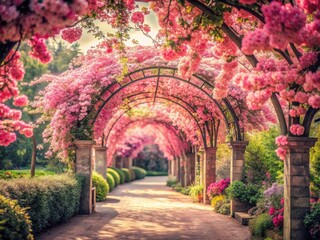 Wall Mural - Retro floral scene: a pink blossom-filled garden arches over a picturesque vintage photograph.