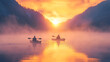 © Mariani - Serene sunset over a misty lake with two kayakers enjoying nature's beauty.