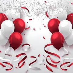 Elegant white and red balloons with red ribbons, perfect for celebrations, parties, events, or decorations, offering a clean white background for versatile designs.