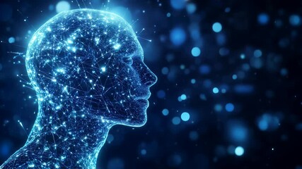 Abstract AI digital being resembling a human with technology features, digital nodes and data swirling around them with a cyberspace landscape background concept with copy-space