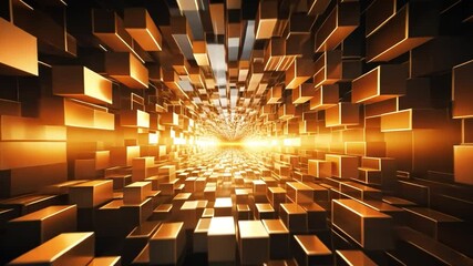 Poster - Golden Cubic Tunnel: Abstract image of a tunnel made of glowing golden cubes, creating a sense of depth, perspective, and futuristic technology. Perfect for backgrounds, presentations.