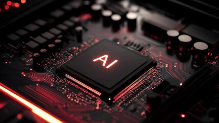 Abstract AI Chip concept Microprocessor microchip on a powerful computer motherboard, energy powering the CPU and circuitry cyber landscape