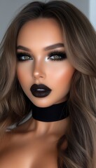  Close-up portrait of a woman with dark brown hair and dramatic makeup, wearing a black choker.