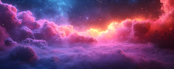 Sticker - Cosmic Cloudscape Pink, Orange Nebula, Starry Night, Fantasy Background