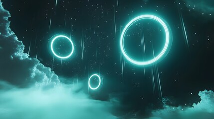 Wall Mural - ethereal light rings descend from clouds cosmic landscape digital art surreal environment wide angle