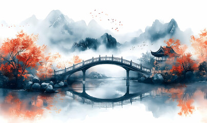 Sticker - Serene autumn bridge, misty mountains, Asian garden, tranquil water reflection; home decor