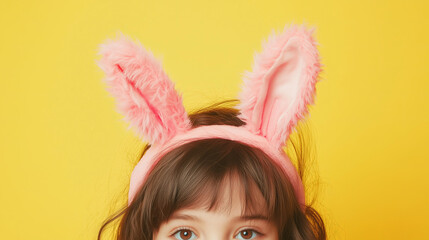 Wall Mural - fun, playful close-up of a young girl wearing a fluffy bunny headband with pink ears, set against a 
