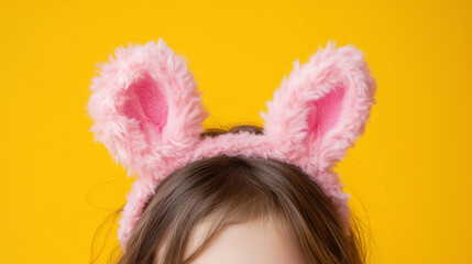 Wall Mural - fun, playful close-up of a young girl wearing a fluffy bunny headband with pink ears, set against a 