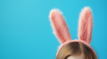 Wall Mural - fun, playful close-up of a young girl wearing a fluffy bunny headband with pink ears, set against a 