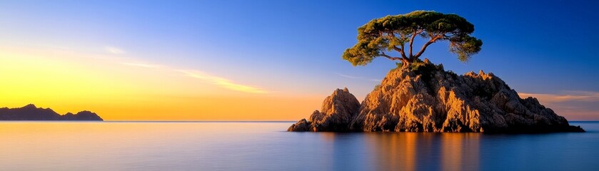 Wall Mural - Solitary Tree on Coastal Rock at Sunrise: A lone tree stands resiliently atop a rocky outcrop in the tranquil ocean, as the sun paints the sky with vibrant hues of orange and gold.