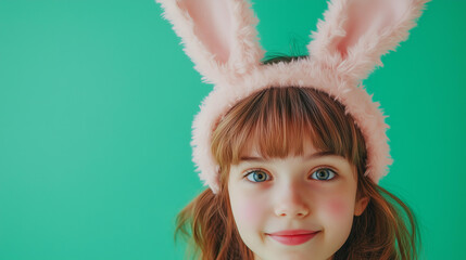 Wall Mural - fun, playful close-up of a young girl wearing a fluffy bunny headband with pink ears, set against a 