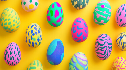 Wall Mural - Colorful, hand-painted Easter eggs with playful geometric and abstract patterns such as triangles, dots, and squiggly lines, set against a bright yellow background.  