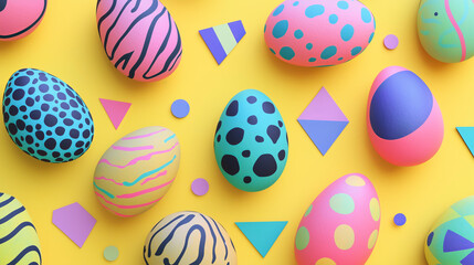 Wall Mural - Colorful, hand-painted Easter eggs with playful geometric and abstract patterns such as triangles, dots, and squiggly lines, set against a bright yellow background.  