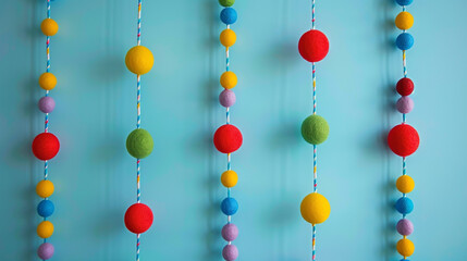 Wall Mural - A playful DIY wall hanging created with multicolored felt balls strung in rows, displayed in a child's room on a brightly painted wall.