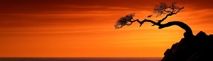 Wall Mural - Sunset Silhouette: A dramatic silhouette of a windswept tree clinging to a cliff edge, set against a vibrant orange sunset over a calm ocean. The image evokes feelings of resilience, solitude.