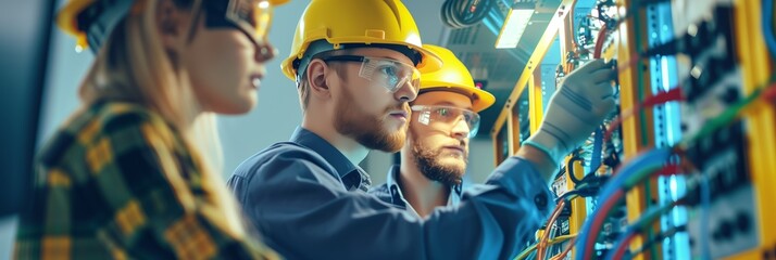 Wall Mural - electrician and engineer work on an electrical circuit with many cables for communication and data transfer