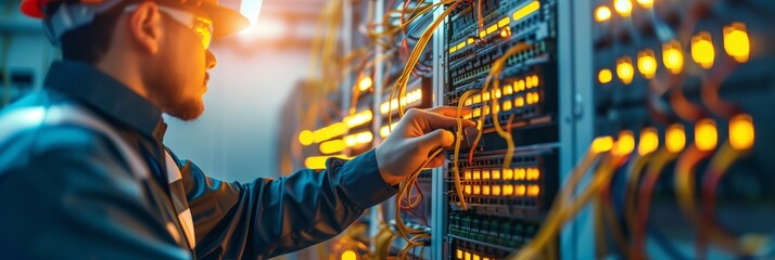 Wall Mural - electrician and engineer work on an electrical circuit with many cables for communication and data transfer