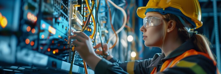 Wall Mural - female electrician and engineer work on an electrical circuit with many cables for communication and data transfer