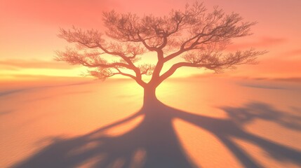 Wall Mural - A solitary tree casts a long shadow against a vibrant sunset backdrop.