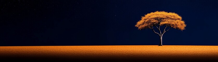 Wall Mural - Solitary Tree at Dusk: A single, silhouetted tree stands against a deep blue twilight sky, its branches reaching skyward.