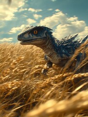 Wall Mural - A dinosaur-like creature running through a golden wheat field under a blue sky.