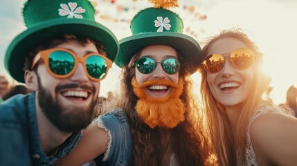 Irish Festivities: Three friends, decked out in shamrock hats and sunglasses, bask in the golden glow of a festive St. Patrick's Day celebration. Their smiles are infectious.