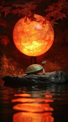 Wall Mural - A serene turtle rests on a rock under a glowing orange lamp, reflecting in the water.