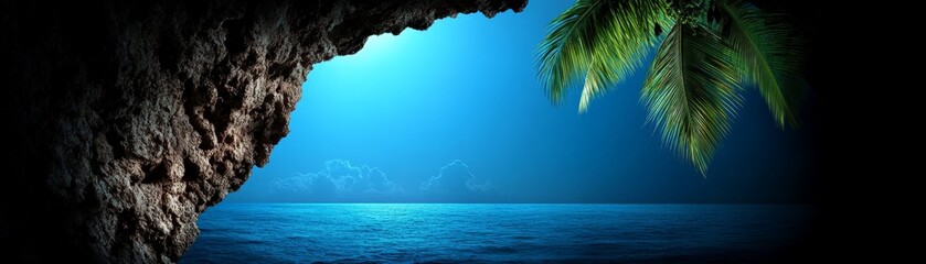 Wall Mural - Secluded Cove at Night: A mysterious and serene scene unfolds where a shadowy cave meets a tranquil ocean under a starlit sky. Palm fronds peek from the darkness, adding a touch of tropical mystery. 