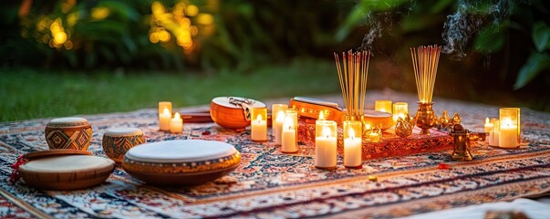 Sticker - A serene outdoor setup with candles, incense, and decorative items for relaxation or meditation.