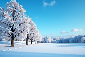 Snowy landscape with bare trees covered in a dusting of soft white snowflakes under a clear blue sky, snow, serene, sky