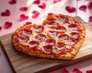 Heartfelt Pepperoni Pizza: A delicious heart-shaped pepperoni pizza on a wooden board, surrounded by rose petals, perfect for Valentine's Day or romantic occasions.  