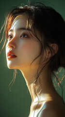 Wall Mural - Captivating portrait of a Korean woman with soft lighting highlighting her features in a serene setting