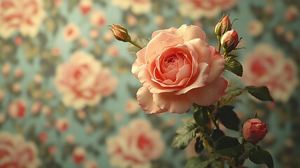 Wall Mural - A Single Peach Rose Blooms Against A Floral Background