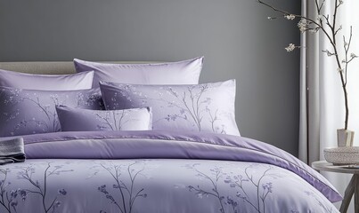 Sticker - Lavender bedding, floral pattern, neatly made bed.