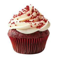 Wall Mural - Red velvet cupcake with white frosting and red sprinkles, transparent background png