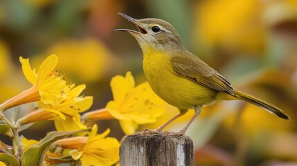 Wall Mural - A vibrant yellow bird singing on a wooden post amidst bright yellow flowers.