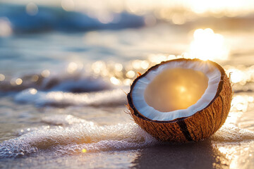 Wall Mural - A coconut half rests on a sandy beach, glistening in the sunlight with ocean waves nearby.