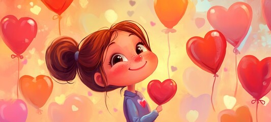 cartoon illustration of young girl holding red heart in concept of self-love and confident , sensual happy peaceful vibes 