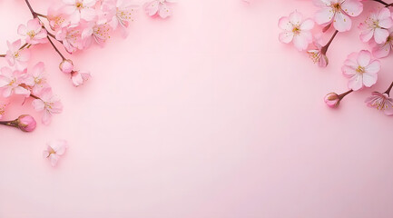 Wall Mural - banner with cherry flowers on pastel pink background. greeting card template for wedding, mothers da
