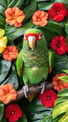 Wall Mural - A vibrant green parrot perched among colorful flowers and lush foliage.