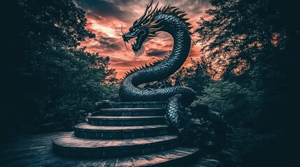 Canvas Print - A majestic dragon sculpture coiled on stone steps, set against a dramatic sunset backdrop.